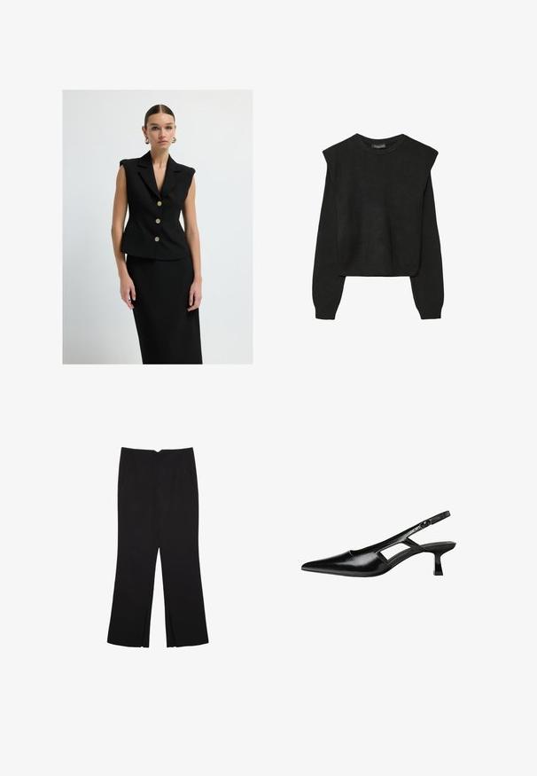 Černý bezrukávový blazer s přiléhavým střihem, zlatými knoflíky a ostrými klopami. Hladká tkanina s minimalistickým designem, doplněná o odpovídající sukni.; Černý pletený svetr s dlouhými rukávy, vycpanými ramenními částmi a ribbovanými manžetami a lemem, zobrazený na bílém pozadí.; Černé kalhoty s rovným střihem, s předními kapsami a bočními rozparky na lemu. Vyrobené z jemné, hladké tkaniny. Vhodné na různé příležitosti.; Černé lakované lodičky na podpatku se špičatou špičkou, výřezovým designem na boku a malým čtvercovým podpatkem. Hladká textura s minimálními akcenty.