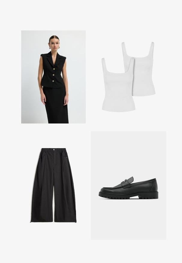 Černý bezrukávový blazer s přiléhavým střihem, zlatými knoflíky a ostrými klopami. Hladká tkanina s minimalistickým designem, doplněná o odpovídající sukni.; Dvě bílé bavlněné tílka s žebrovanou texturou, se širokými ramínky a přiléhavým střihem. Každé má čtvercový výstřih.; Černé kalhoty s širokými nohavicemi a vysokým pasem, s plizováním, vpředu na knoflík a se dvěma bočními kapsami. Vyrobené z tkaniny s texturovaným povrchem.; Černé kožené mokasíny s kulatou špičkou, zdobené prošitím, s nízkou platformou a texturovanou gumovou podrážkou s drážkováním.
