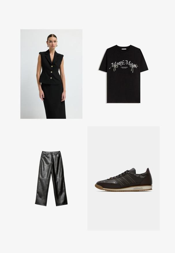 Czarny bezrękawnik o dopasowanym kroju, złote guziki i ostre klapy. Gładki materiał z minimalnym wzornictwem, w zestawie z pasującą spódnicą.; Czarny bawełniany t-shirt z napisem "Mostly Magic" w białym kolorze, ozdobiony dekoracyjnymi perłowymi akcentami. Krótkie rękawy, luźny krój, okrągły dekolt.; Czarne skórzane spodnie typu wide-leg o gładkiej fakturze, zaprojektowane w pięć kieszeni oraz z przeszyciami wzdłuż nóg i pasa.; Niskoprofilowy brązowy sneaker Adidas z czarnymi sznurowadłami, białymi haftowanymi wzorami i gumową podeszwą, pokazany z zewnętrznej strony na białym tle.