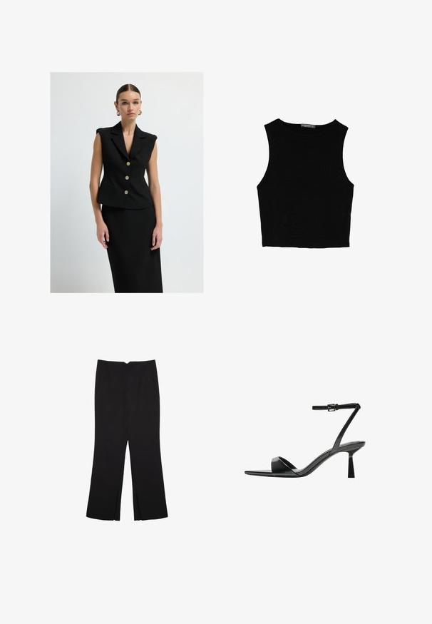 Czarny bezrękawnik o dopasowanym kroju, złote guziki i ostre klapy. Gładki materiał z minimalnym wzornictwem, w zestawie z pasującą spódnicą.; Czarny bezrękawnik crop top z gładkiego materiału, z okrągłym dekoltem i czystym, prostym wzornictwem, bez wzorów czy metalowych elementów.; Czarne spodnie o prostym kroju, z przednimi kieszeniami i bocznymi rozcięciami na dole. Wykonane z miękkiego, gładkiego materiału. Odpowiednie na różne okazje.; Bershka - Sandały na obcasie