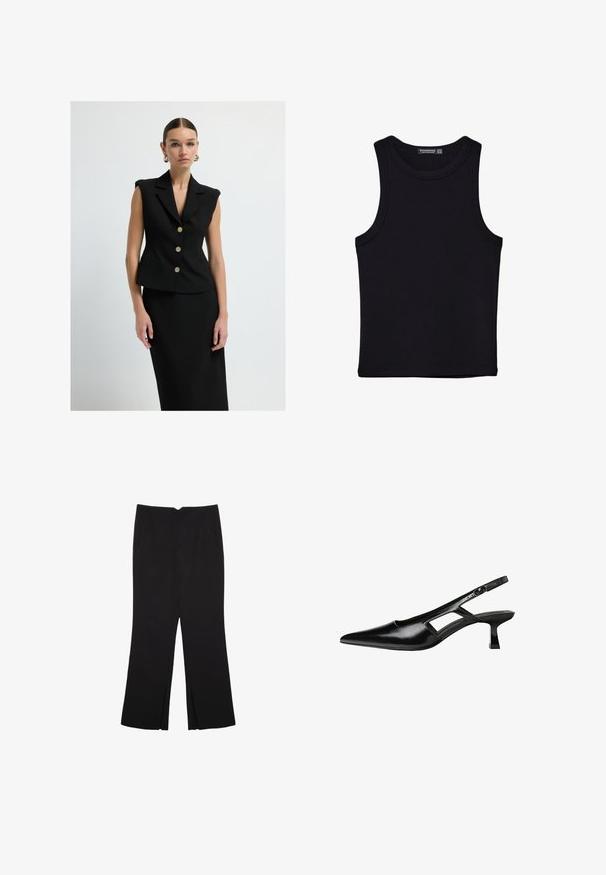 Czarny bezrękawnik o dopasowanym kroju, złote guziki i ostre klapy. Gładki materiał z minimalnym wzornictwem, w zestawie z pasującą spódnicą.; Czarny top na ramionczkach wykonany z bawełny, z okrągłym dekoltem i szerokimi wycięciami na ramionach. Gładka tekstura z przeszytymi brzegami. Klasyczny, minimalistyczny design.; Czarne spodnie o prostym kroju, z przednimi kieszeniami i bocznymi rozcięciami na dole. Wykonane z miękkiego, gładkiego materiału. Odpowiednie na różne okazje.; Czarne lakierowane czółenka na odkrytej pięcie z wąskim noskiem, z wykrojem po bokach i małym kwadratowym obcasem. Gładka faktura z minimalnymi akcentami.