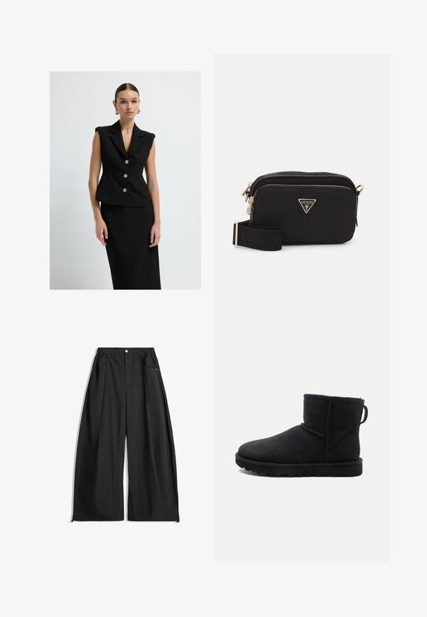 Černý bezrukávový blazer s přiléhavým střihem, zlatými knoflíky a ostrými klopami. Hladká tkanina s minimalistickým designem, doplněná o odpovídající sukni.; Jednoduché bílé tričko s krátkým rukávem a kulatým výstřihem, slim fit, vystavené rovně na bílém pozadí.; Černé kalhoty s širokými nohavicemi a vysokým pasem, s plizováním, vpředu na knoflík a se dvěma bočními kapsami. Vyrobené z tkaniny s texturovaným povrchem.; Černé semišové kotníkové boty s kulatou špičkou, s ovčí vlnou jako podšívkou a plochou gumovou podrážkou. Obsahují boční šev a poutko na zadní straně.; Černá nylonová taška přes rameno se zlatým trojúhelníkovým logem, zapínáním na zip a širokým nastavitelným popruhem se slovem "GUESS" v černé barvě.