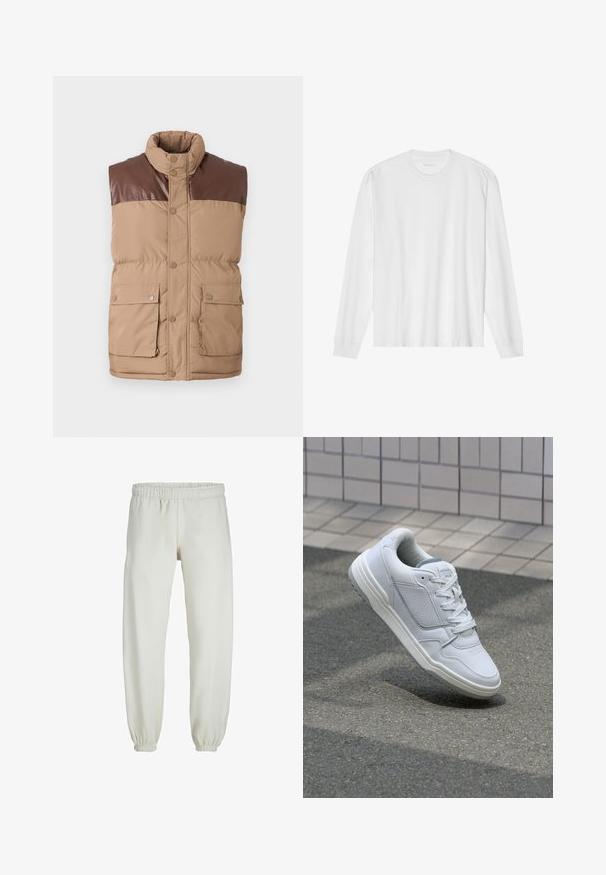 Brūns bez piedurknēm pūkains vestes apģērbs ar mākslīgās ādas ielaidumu, pogu aizdari un divām priekšējām kabatām. Mīksta tekstūra, ar pildījumu.; Garas piedurkņu balta kokvilnas T-kreklu ar apaļu kakla izgriezumu un ribotām aprocēm. Vienkāršs, neizpušķots dizains ar gludu tekstūru un standarta piegriezumu.; Baltas treniņbikses, izgatavotas no mīkstas auduma, ar elastīgu jostu un piedurknēm, gluda tekstūra un brīva piegriezuma dizains.; Baltas ādas sporta apavi ar perforētiem sāniem, teksturētām akcentiem, plakanu šņorēšanu un kontrastējošu pelēku papēdi. Iezīmē nedaudz paaugstinātu zole.