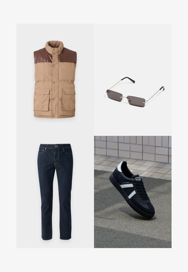 Brun ärmlös pufferväst med en imitationsläderkrage, knappknäppning och två framfickor. Mjuk textur, vadderad isolering.; Vit bomulls t-shirt med kort ärm, rund halsringning och en röd grafisk text "DELICIOUS REFRESHING FRUIT" på framsidan.; Mörkblå denimjeans med rak ben-design, med knappknäppning, fem fickor och kontrasterande sömmar. Slät textur.; Svart lädersneaker med vita ränder, texturerad gummisul, och snörning fram. Har en märkesskylt på tungan.; Solsken med rektangulära, mörkgrå linser, silverfärgade metallramar och svarta plastspetsar på bågarna. Lättviktsdesign med näskuddar.