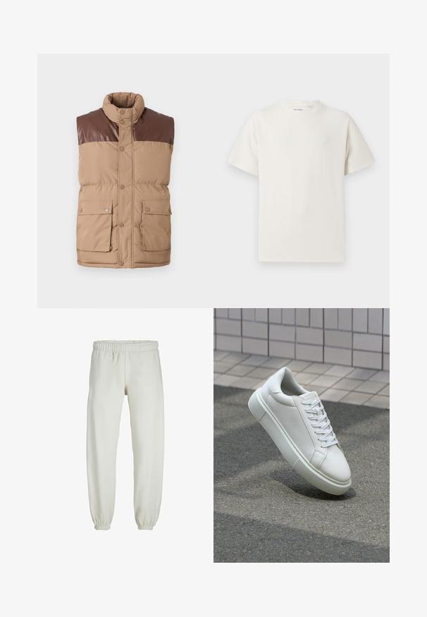 Smeđa bezrukavna puffer prsluk s ovratnikom od umjetne kože, zatvaranje na kopče, te dva prednja džepa. Meka tekstura, podstavljena izolacija.; Bijela kratka majica s kratkim rukavima u rebrastoj teksturi. Okrugli izrez, ležeran kroj, bez vidljivih uzoraka ili akcenta. Jednostavan i svestran dizajn.; Bijele trenirke napravljene od mekanog materijala, s elastikom u struku i na manžetama, glatke teksture i labavog kroja.; Bijela kožna tenisica s glatkom površinom, okruglim vrhom i ravnim bijelim vezicama. Ima teksturiran gumeni potplat i minimalne dizajnerske elemente.
