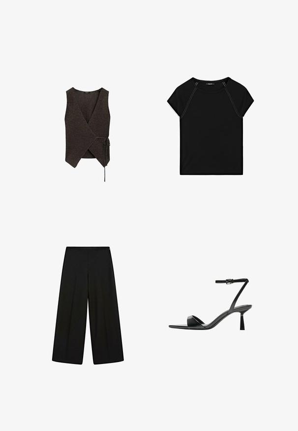Donkerbruin, mouwloos wikkelvest van gestructureerde stof met een V-hals en een gestrikte zijkant. Randen zijn iets rafelig.; Zwarte top met korte mouwen, voorzien van een ronde halslijn en contrasterende witte stiksels langs de schouders en zijkanten. Zachte, gladde stof.; Zwarte wijde pantalons van zachte stof, met een hoge taille en plooien, met een gladde textuur en zonder zichtbare versieringen.; Bershka Sandalen met hoge hak - black