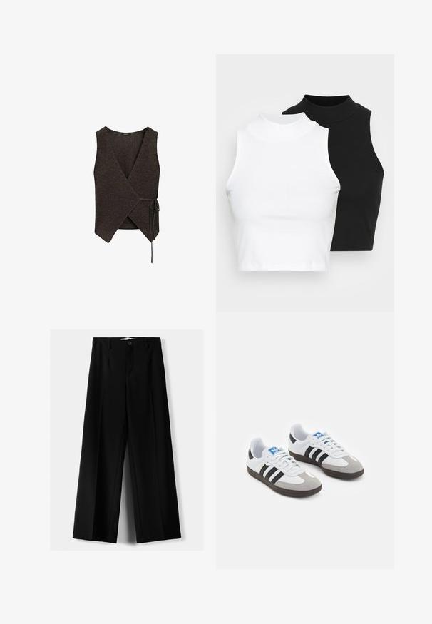 Tmavě hnědá bezrukávová obalová vesta vyrobená z texturované látky s výstřihem do V a uzlem na boku. Okraje jsou mírně rozstrapkané.; Dvě bezrukávové halenky s ribovým stojáčkem v černé a bílé barvě, které mají přiléhavý střih a hladkou texturu, s krácenou délkou.; Černé široké kalhoty z lehkého materiálu s předním zapínáním na knoflík a hladkým předním dílem, s pečlivě přišitými lemy.; Sportovní boty s bílým koženým svrškem, šedou semišovou špičkou a třemi černými pruhy. Obsahují modré logo na jazyku a texturovanou gumovou podrážku.