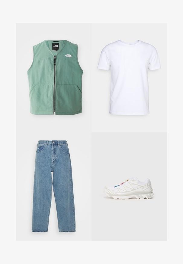 Zelena bezrukavna prsluk sa patentnim zatvaračem sprijeda, dva prednja džepa i logotipom na lijevoj strani prsiju. Napravljen od lagane tkanine s mat završnom obradom.; Bijela majica kratkih rukava od pamučnog materijala s okruglim izrezom. Jednostavan dizajn bez uzoraka ili naglasaka. Glatka tekstura.; Svijetloplave traperice s visokim strukom, ležernog kroja, koje imaju dva prednja džepa, stražnji džep s pletenicom i kopčanje na gumb.; Bijela atletska obuća s teksturiranim mrežastim gornjim dijelom, reflektirajućim detaljima i podstavljenim potplatom. Značajan logo brenda sa strane.