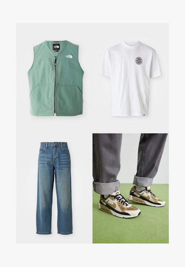 Zaļš bezpiedurkņu veste ar rāvējslēdzēju priekšpusē, divām priekšējām kabatām un logo kreisajā krūtī. Izgatavota no viegla auduma ar matētu apdari.; Balta kokvilnas t-krekls ar apaļu logotipu uz krūtīm. Klaša izgriezums, īsas piedurknes, brīvi pieguļošs siluets, papildināts ar sarkaniem un melniem akcentiem.; Gai zili džinsi ar platu kāju un augstu vidukli, ar piecām kabatām un nedaudz noberztu virsmu. Iekļauj pogu un rāvējslēdzēju.; Nike Air Max 90 kedas bēšā un melnā krāsā, ar sieta un ādas materiāliem, redzamu amortizāciju un melnām auklām.