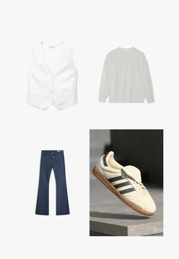 Bijela pamučna prsluk s V-izrezom, pet prednjih dugmadi, dvije džepa i blago strukturiran oblik. Glatka tekstura, bez uzoraka ili akcenta.; Svijetlosivi majica s dugim rukavima od mekane pamučne tkanine. Ima slobodan kroj, okrugli izrez i blago nabrane manžete. Bez uzoraka ili grafika.; Tamno plavi traperice s izrezanim nogavicama, šivanim džepovima, kopčanjem na dugme i glatkom teksturom. Imaju klasičan dizajn s pet džepova.; Kremaste kožne tenisice s tri tamne pruge, smešnim gumiranim potplatom i zaobljenim vrhom. Imaju preklopni jezik označen s "SAMBA."