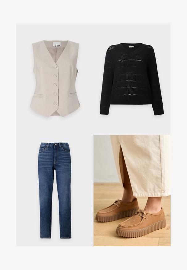 Gilet senza maniche beige con scollo a V, bottoni frontali, due tasche laterali e tessuto leggermente testurizzato. Etichetta: ICHI.; TOM TAILOR DENIM V NECK - Maglione - deep black; Jeans in denim blu a vita alta con gamba dritta, caratterizzati da un leggero effetto consumato, chiusura con un bottone singolo e design a cinque tasche.; Scarpe in pelle color cuoio con superficie texture, punta rotonda e suole spesse e scanalate. I lacci e i dettagli della cucitura arricchiscono il design.