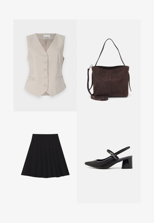 Béžová bezrukávová vesta s výstřihem do V, předními knoflíky, dvěma bočními kapsami a jemně strukturovanou tkaninou. Značka: ICHI.; Bílá košile na knoflíky vyrobená z bavlny. Má límeček, dlouhé rukávy a volný střih. Hladká textura bez viditelných vzorů.; Černá plisovaná sukně vyrobená z texturované látky s dobře padnoucím pasem. Délka sukně je ke kolenům a má hladký, jednoduchý siluetu.; Černé lakované lodičky s otevřenou patou, špičatou špičkou, zaobleným střihem a blokovým podpatkem. Zdobené akcentem v zlatém tónu.; Hnědá semišová taška přes rameno s jemnou texturou, vybavená jedním popruhem na rameno a decentním zakřiveným horním otvorem. Žádné viditelné detaily z hardware.