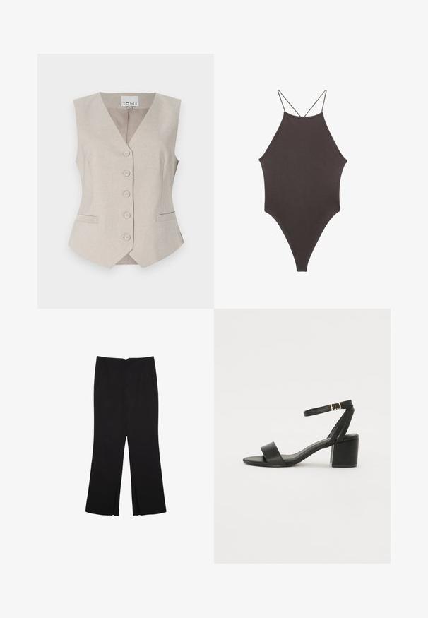 Beige ærmeløs vest med V-hals, frontknapper, to sidelommer og subtil struktureret stof. Mærke: ICHI.; Brun højhalset heldragt badedragt med tynde, justerbare stropper; har højt skåret ben og glat tekstur. Ingen mønstre eller udsmykninger.; Sorte bukser med lige pasform, der har frontlommer og slidser i kanten. Lavet af blødt, glat stof. Velegnet til forskellige anledninger.; Sort hæl sandal med en glat læderoverdel, åben tå, brede frontstropper og justerbar ankelrem med detaljer i guldfarve.