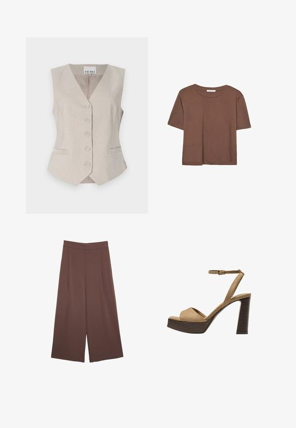 Beige ärmellose Weste mit V-Ausschnitt, Frontknöpfen, zwei seitlichen Taschen und subtiler Texturstoff. Etikett: ICHI.; Braunes, kurzärmliges T-Shirt aus weichem Material mit rundem Halsausschnitt und lockerer Passform. Keine sichtbaren Muster oder Akzente.; Braune Weite-Leg-Hosen mit einer glatten Textur, hoher Taille und Vorderfalten. Der Stoff ist leicht und fällt locker.; Beige Wildleder-Pumps mit hohem Absatz, breitem Vorderband und Knöchelriemen, ausgestattet mit einem klobigen Holzblockabsatz mit strukturiertem Finish.