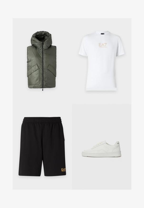 Leichte, gesteppte grün-graue Weste mit Kapuze, ausgestattet mit einem Reißverschluss vorne und zwei großen, schrägen Taschen. Strukturiertem Stoff mit glatter Oberfläche.; Weißes Baumwoll-T-Shirt mit Rundhalsausschnitt und kurzen Ärmeln, mit einem goldenen EA7 Emporio Armani-Logo auf der Vorderseite.; Schwarze Sportshorts aus weichem Material, mit einem elastischen Bund und einem kleinen gelben EA7-Logo am unteren linken Bein.; Weiße Ledersneaker mit glatter Oberfläche, runder Zehenpartie, flachen Schnürsenkeln und strukturiertem Sohlenprofil. Mit einem dezenten Logo an der Ferse.