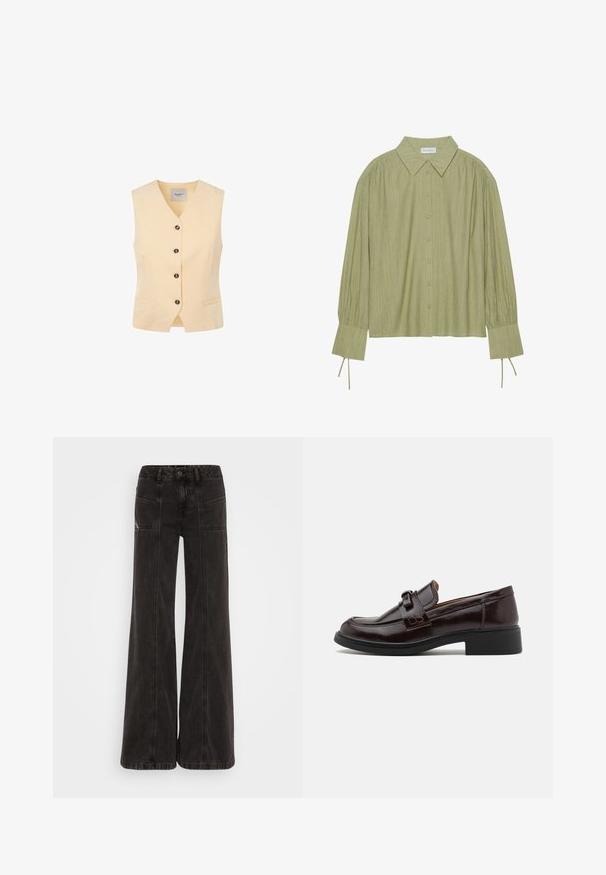 Hele helekollane vest V-kaelusega, viie tumeda nupu ja kahe esisega taskuga. Valmistatud siledast kangast, mis istub ideaalselt.; Kerge roheline pika varrukaga särk, millel on nööpidega eesolev sulgemine, krae, tekstureeritud kangas ja lipsu detailid mansettides. Sirge alläär.; Mustad lai jaladavad teksad, mis on valmistatud denimist, kõrge vöökohaga, esitaskutega ja ühtse õmblusega õmbluste ääres.; Pruunist nahast loafersid, millel on sile tekstuur, kaunistav rihm ja pandla, madal must konts ja ümar varvas.