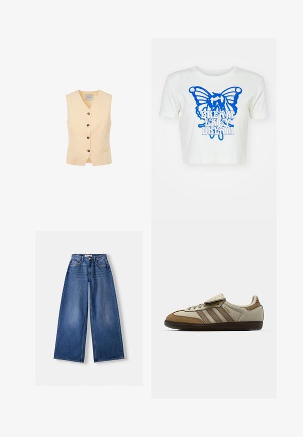 Světlé žluté vesty s výstřihem do V, pěti tmavými knoflíky a dvěma předními kapsami. Vyrobeno z hladké tkaniny s přiléhavým střihem.; Bílý zkrácený tričko s potiskem modré motýlice a textem "Dýchej, baby, dýchej". Vyrobeno z měkké bavlny, s kulatým výstřihem a krátkými rukávy.; Bershka WIDE-LEG - Wide leg - dark blue; Hnědé a krémové sportovní boty se třemi béžovými pruhy, vyrobené z semišové a kožené materiály, s šněrovacím designem a gumovou podešví. Textové logo na boku.