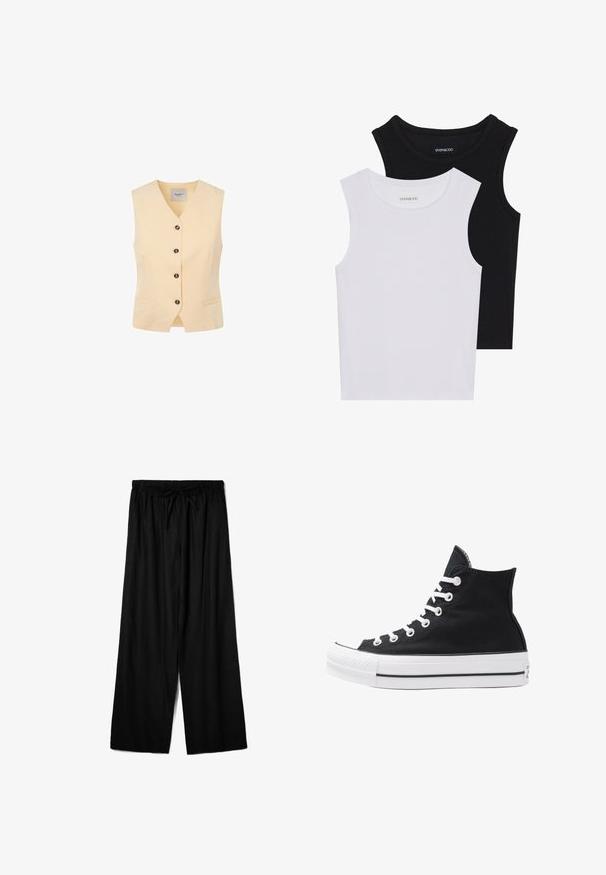 Svijetlo žuta prsluk s V-izrezom, pet tamnih dugmadi i dva prednja džepa. Izrađen od glatkog materijala s krojem koji prati tijelo.; Dva majica bez rukava u crnoj i bijeloj boji, izrađene od rebrastog pamuka, s okruglim izrezima i prianjajućim dizajnom. Oznake su vidljive na obje.; Crne široke hlače napravljene od laganog materijala, s elastičnim pojasom i vezicom za prilagodljivo oblikovanje. Glatka tekstura.; Visoke crne platnene tenisice s bijelim rupama, vezicama i gumenim potplatom. Imaju teksturirani vrh i crno-bijele pruge kao ukrase.