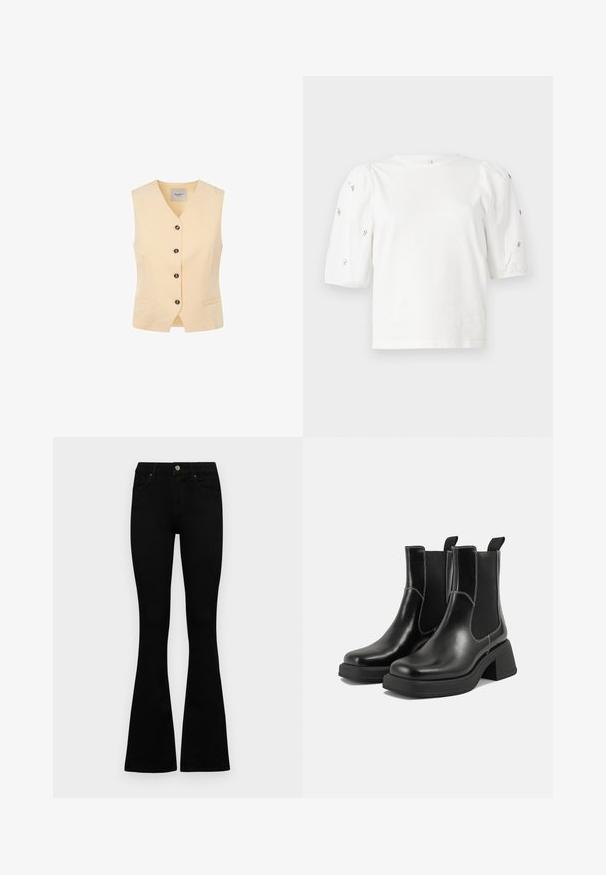 Gaiši dzeltena veste ar V-veida kakla izgriezumu, piecām tumšām pogām un divām priekšējām kabatām. Izgatavota no gludas auduma ar pieguļošu griezumu.; Balta kokvilnas t-kreklu ar īsām puff piedurknēm, ar nelieliem sudraba rotājumiem gar piedurknēm. Klasisks apaļš izgriezums, brīvā piegriezuma.; Melni augsta jostas šorti ar pogu un rāvējslēdzēju, priekšējām kabatām un izplestām kājām, nolikti uz balta fona.; Melni ādas Čelsijas zābaki ar masīvu papēdi, elastīgām sānu panelēm un kontrastējošu balto šuvumu. Teksturēts apdare.