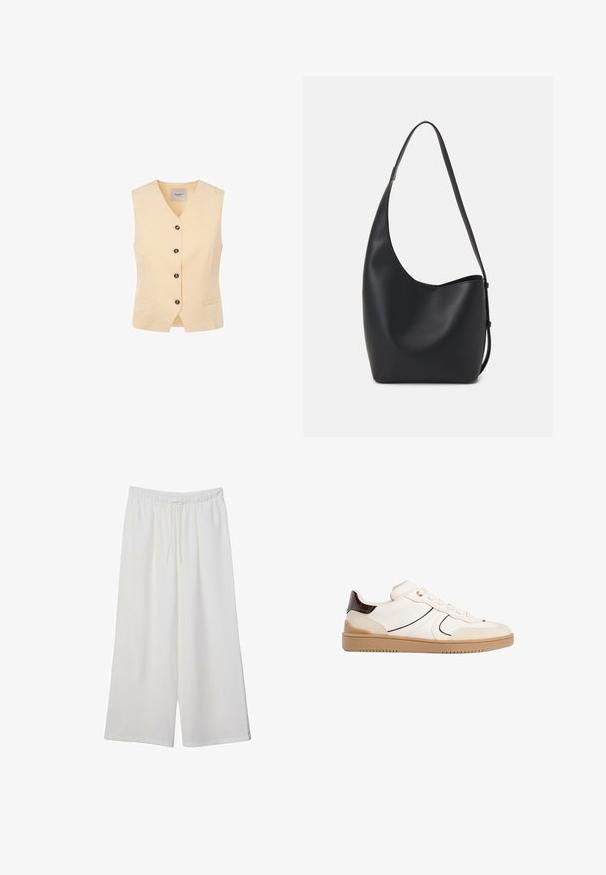 Svetlo rumena prsa s V-izrezom, pet temnih gumbov in dvema sprednjima žepoma. Narejena iz gladkega materiala z prilegajočim krojem.; Bela kratka majica s kratkimi rokavi iz bombaža. Ima okroglo izrezovanje in sproščen kroj. Gladka tekstura brez vidnih vzorcev ali poudarkov.; Bele široke hlače iz lahkega materiala, ki imajo elastičen pas in vrvico za prilagajanje. Gladka tekstura.; Stradivarius Športni copati - white; Črna usnjena hobo torba z gladko teksturo, ukrivljeno obliko in eno nastavljivo naramnico; ima širok odprtina na vrhu.