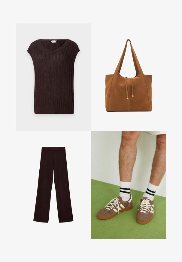 Smeđa rebrasta pletena majica s v-izrezom i kratkim rukavima. Ima teksturirani materijal i ravni kroj u struku. Vidljiva oznaka branda.; Žuti pleteni kardigan s V-izrezom, dugim balon rukavima i perlasastim ukrasima na ramenima. Prednje zatvaranje na pet dugmadi.; Bezrukavni pulover u tamnosmeđoj boji, napravljen od meke, teksturirane tkanine. Ima okrugli izrez i rebraste rubove na otvorima za ruke i donjem rubu.; Braon široke hlače od mekog materijala, s debelim pojasom i glatkom teksturom, bez vidljivih uzoraka ili hardvera.; Smeđe nubuk tenisice s bijelim detaljima i vezicama. Gumeni potplat. Nosene s bijelim čarapama s crnim prugama. Zeleno teksturirano pod.; Smeđa zamska torba s širokim otvorom, dugim trakama i zatvaranjem na vezicu s metalnim naglascima. Nemačka tekstura s minimalnim šavovima.