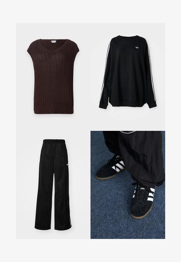 Brown ribbed knit sweater with a v-neck and short sleeves. Features a textured fabric and a straight cut at the waist. Brand tag visible.; Black oversized sweatshirt in soft fabric, featuring white stripes along the sleeves and a small logo on the chest. Round neckline.; Black wide-leg track pants with an elastic waistband, featuring white side stripes and a small logo on the left hip. Smooth fabric texture.; Black suede athletic shoes with three white stripes and black laces. A textured black pant is partially visible beside the shoes.