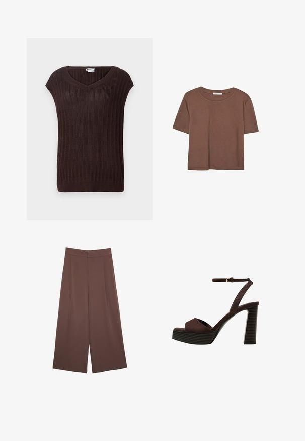 Hnedý rebrovaný pletený sveter s výstrihom do V a krátkymi rukávmi. Má textúrovanú látku a rovný strih v oblasti pásu. Viditeľná značka.; Hnedé tričko s krátkym rukávom vyrobené z jemného materiálu, s okrúhlym výstrihom a voľným strihom. Žiadne viditeľné vzory ani akcenty.; Hnedé nohavice so širokými nohavicami a hladkou textúrou, s vysokým pásom a prednými skladmi. Tkanina je ľahká a voľne sa pohybuje.; Hnedé semišové sandále na vysokom podpätku s otvorenou špičkou, nastaviteľným členkovým remienkom a pruhovanou platformovou podrážkou.