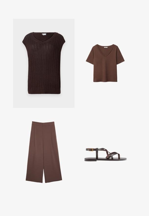 Brun ribbet striktrøje med v-hals og korte ærmer. Har et struktureret stof og en lige skæring ved taljen. Brandmærket er synligt.; Brun bomulds t-shirt med korte ærmer og dyb V-hals. Enkel design, blød tekstur og lige kant. Ingen mønstre eller detaljer.; Brune bredbunde bukser med en glat tekstur, der har høj talje og plisseringer foran. Stoffet er let og falder løst.; Brune lædersandal med krydsende stropper, ankelspænde og en flad sål med minimale syninger.
