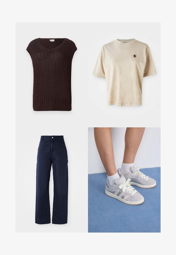 Barna bordás kötött pulóver v-nyakkal és rövid ujjakkal. Anyaga textúrált, dereknál egyenes szabású. Márkacímke látható.; Beige pamut póló laza szabással, kerek nyakkal, rövid ujjakkal és egy kis négyzet alakú logóval a bal mellrészen.; Tengerészkék, bővebb, cargo stílusú nadrág strapabíró pamutból, oldalsó zsebekkel és gombos derékmegoldással.; Szürke velúr sportcipők fehér fűzővel és gumi talppal, az oldalán három ferde csíkkal és a nyelvén logo folttal.