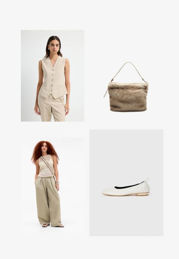 Beżowa bezrękawnik z głębokim dekoltem w literę V, zapięciem na pięć guzików z przodu oraz dwiema bocznymi kieszeniami; gładki materiał z dopasowanym krojem.; Długi rękaw, bluzka z okrągłym dekoltem w kolorze kremowym, wykonana z miękkiego materiału. Posiada prosty krój i minimalistyczny design bez ozdób.; Młoda kobieta z długimi kręconymi czerwonymi włosami, nosząca beżowy bezrękawnik, szerokie khaki spodnie, klapki, torbę na ramię i bransoletki.; Białe skórzane baleriny z okrągłym noskiem, niskim podwyższonym obcasem, czarnym wnętrzem i pętelką z tyłu, zaprezentowane w profilu bocznym na białym tle.; Torebka z futra syntetycznego w jasnym beżu o miękkiej, teksturowanej powierzchni. Posiada jeden cienki pasek i prostokątny kształt z puszystą górną krawędzią.