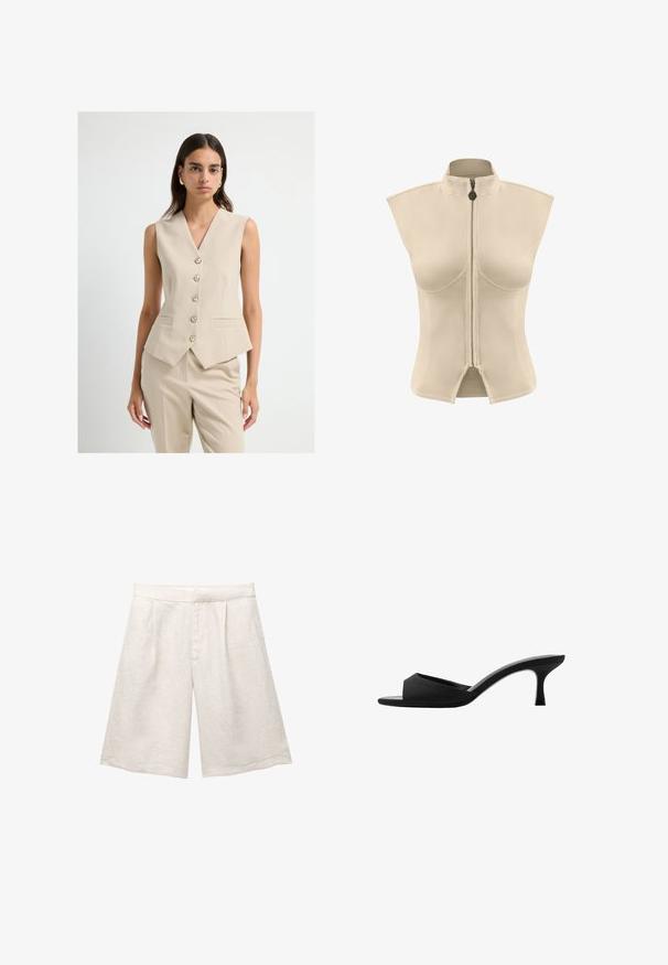 Blazer senzatempore beige con scollo a V profondo, chiusura frontale a cinque bottoni e due tasche laterali; tessuto morbido con vestibilità su misura.; Giacchino beige senza maniche con colletto alto e zip centrale. Tessuto liscio con una forma strutturata e orlo spaccato nella parte inferiore.; Pantaloni corti in lino beige con gamba larga, caratterizzati da pince frontali e una cintura liscia. Il tessuto ha una finitura leggermente testurizzata.; Mule nere con tacco alto, dotate di una punta larga e aperta e di una parte superiore curva. Realizzate in tessuto texture, presentano un tacco sottile e una suola liscia.