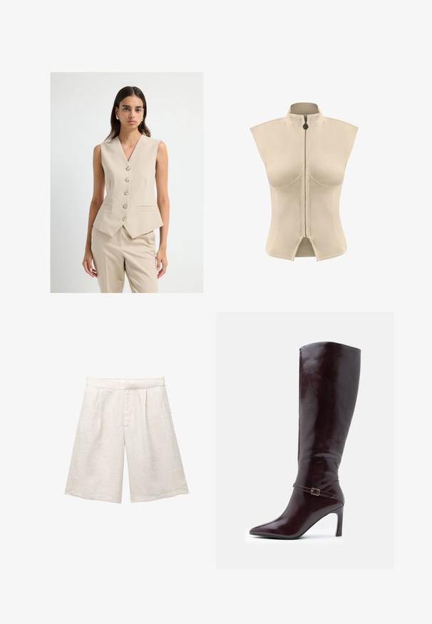 Beige mouwloze blazer met een diepe V-hals, sluiting met vijf knopen aan de voorkant en twee zijzakken; gladde stof met een getailleerde pasvorm.; Beige mouwloze jas met hoge kraag en centrale rits. Glad materiaal met een gestructureerde vorm en een split aan de onderkant.; Beige linnen shorts met een wijd model, voorzien van voorplooien en een gladde tailleband. De stof heeft een licht gestructureerde afwerking.; Kastanjebruine leren laarzen tot de knie met een spitse neus, een stilettohak en een decoratieve gespsluiting rond de enkel. Glad van structuur.