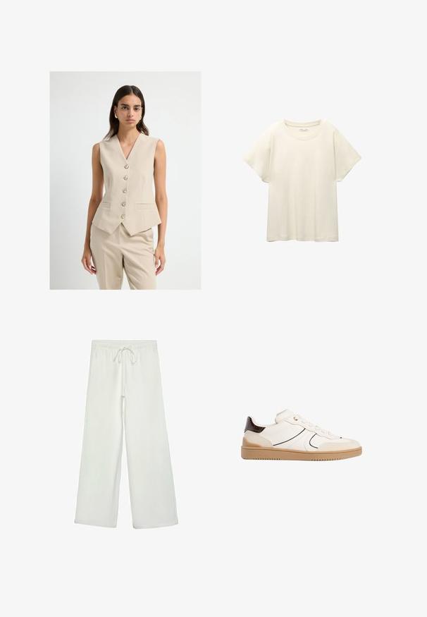 Beige ärmellose Blazer mit tiefem V-Ausschnitt, fünf Knöpfen vorne und zwei Seitentaschen; glattes Material mit taillierter Passform.; Helles beige T-Shirt mit kurzen Ärmeln und Rundhalsausschnitt, aus weichem, glattem Stoff gefertigt. Verfügt über eine lockere Passform und einen geraden Saum.; Weiße, weit geschnittene Hose aus weichem Stoff. Mit einem elastischen Bund und einem Kordelzug sowie einer glatten Oberfläche. Keine sichtbaren Muster oder Hardware.; Stradivarius Sneaker low - white