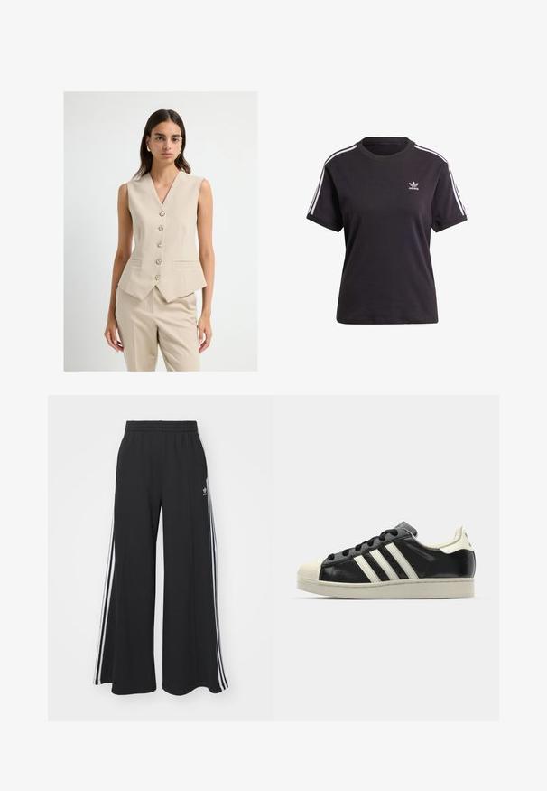 Beige ärmellose Blazer mit tiefem V-Ausschnitt, fünf Knöpfen vorne und zwei Seitentaschen; glattes Material mit taillierter Passform.; Schwarzes Baumwoll-T-Shirt mit kurzen Ärmeln und Rundhalsausschnitt, mit weißen Streifen auf den Schultern und einem kleinen weißen Adidas-Logo auf der Brust.; Schwarze weite Sweatpants mit elastischem Bund, versehen mit weißen Seitestreifen und einem gestickten Logo auf dem linken Oberschenkel.; Schwarze Ledersneaker mit weißen Streifen, Gummikappe, schwarzen Schnürsenkeln und einer cremefarbenen Sohle. Glatte Textur mit glänzender Oberfläche.