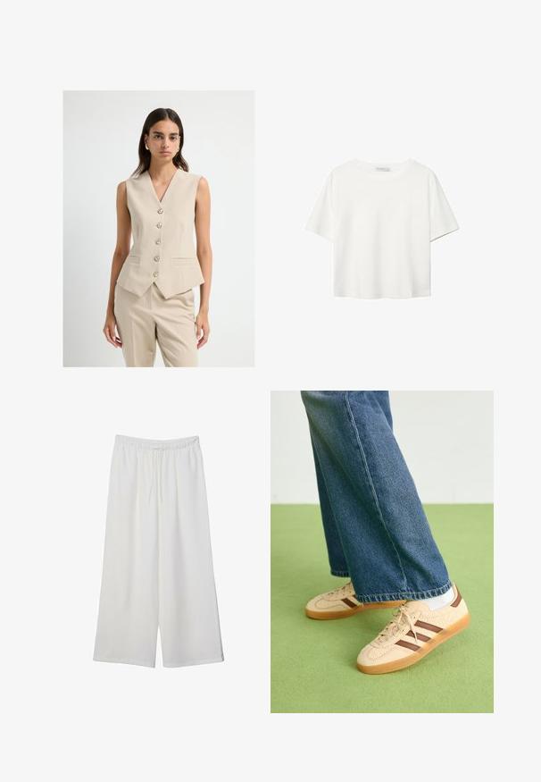 Beige ärmellose Blazer mit tiefem V-Ausschnitt, fünf Knöpfen vorne und zwei Seitentaschen; glattes Material mit taillierter Passform.; Weißes T-Shirt mit kurzen Ärmeln aus Baumwolle. Hat einen Rundhalsausschnitt und eine lockere Passform. Glatte Textur ohne sichtbare Muster oder Akzente.; Weiße, weit geschnittene Hosen aus leichtem Stoff, mit einem elastischen Bund und einem Zugband für eine verstellbare Passform. Glatte Textur.; Beige Sneakers mit strukturierten cremefarbenen Paneelen und braunen Streifen, kombiniert mit blauen Jeans. Die Jeans haben einen weiten Beinschnitt und einen fransigen Saum.