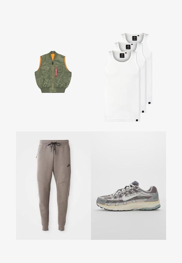 Ermeløs olivenfarget bomberjakke, vest med frontglidelås, to trykknapplommer, brystlomme med glidelås, og rød «Remove Before Flight»-lapp.; Tre hvite ribbestrikkede tank topper laget av bomull. Har en rund hals og små svarte etiketter nær kanten. Tilgjengelig i flere størrelser.; Grå Nike joggebukser med snor i midjen, smale ben, sidelommer og distinkte sømdetaljer. Myk, teksturert stoff.; Grå treningssko med overdel i nett og semsket skinn, hvite detaljer, en polstret såle, og et særpreget design med reflekterende elementer.
