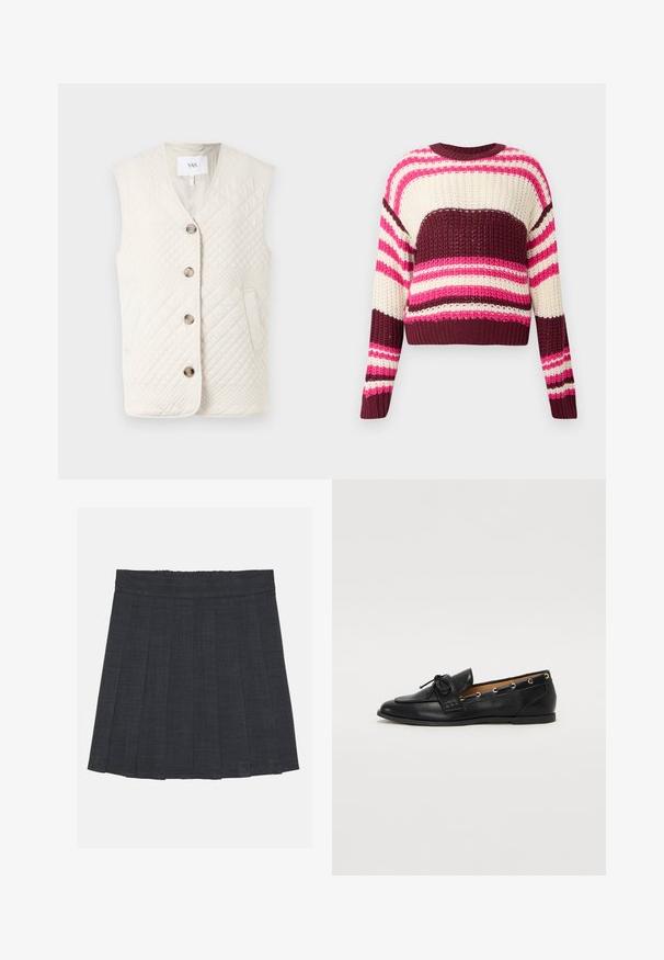Quilted sleeveless vest in off-white featuring a V-neckline, five buttons, and two side pockets with a textured surface.; Knit sweater featuring horizontal stripes in pink, burgundy, and cream. Cropped fit with a round neckline and ribbed cuffs. Textured pattern.; Dark gray pleated skirt with an elastic waistband, featuring a textured fabric and a classic A-line silhouette. Suitable for casual wear.; Black leather loafers with a tied bow, featuring gold eyelet accents along the sides and a flat rubber sole. Smooth texture, classic design.