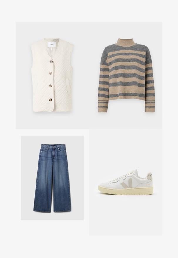 Tkanina bez rukava u off-white boji s V-izrezom, pet gumba i dva bočna džepa sa teksturiranom površinom.; Prugasti pleteni džemper u sivoj i bež boji, s visokim ovratnikom, širokim rukavima s manžetama i opuštenim krojem koji je skraćen.; Široke plave traperice s izblijedjelim finišom, s kopčanjem na gumb i patentni zatvarač, pet džepova i petljama za remen.; Bijele kožne tenisice s bež nubuk naglascima, perforiranim prednjim dijelom, ravnim čipkama i teksturiranom kremastom potplatom. Sadrži suptilni brend na pete.