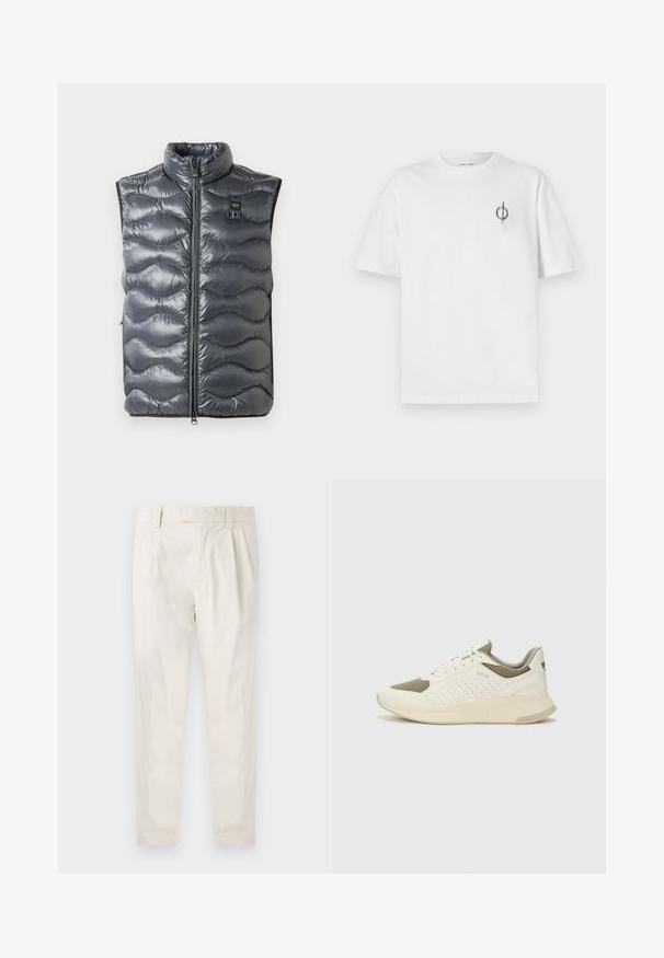 Gray puffer vest with a high collar, featuring a zip closure and wave-patterned texture. Includes a small logo near the zipper.; White cotton t-shirt with a relaxed fit, featuring a small black graphic logo on the left chest area. Short sleeves, crew neck style.; White, pleated trousers with a tailored fit, featuring a smooth texture, belt loops, and tapered legs. No visible pockets or patterns.; White and light beige athletic sneaker, featuring a mesh upper, perforated detailing, and a textured midsole with branding on the heel.