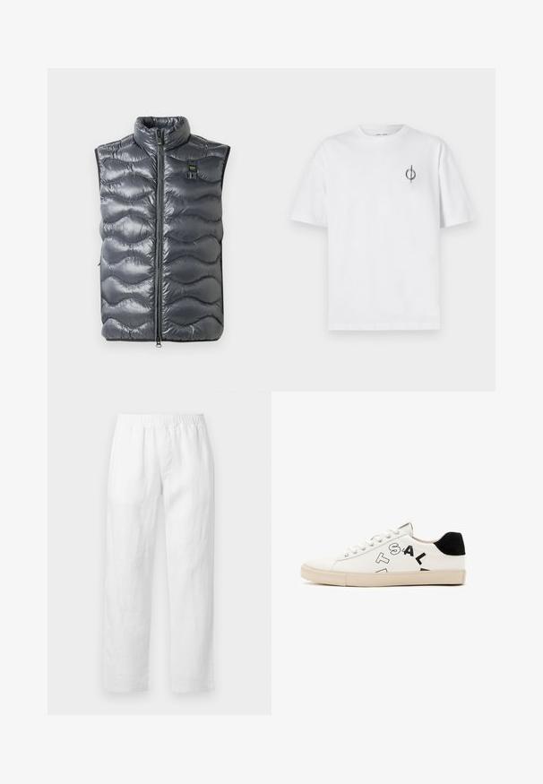 Grå puffervest med høj krave, med lynlåslukning og bølge-mønster tekstur. Inkluderer et lille logo nær lynlåsen.; Hvid bomulds t-shirt med en afslappet pasform, der har et lille sort grafisk logo på venstre brystområde. Korte ærmer, rund halsstil.; Hvide linnedbukser med elastisk talje, lige ben og blød tekstur uden synlige mønstre eller hardware-detaljer.; Hvide lædersneakers med sorte accenter ved hælen, featuring fed sort skrift på siden og en gummisål. Minimalistisk design.