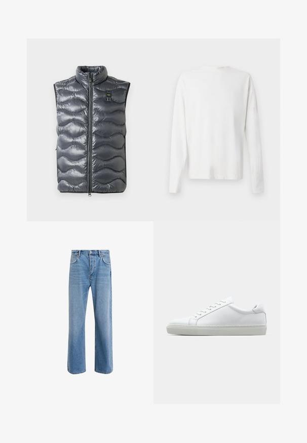 Grahamfarbener Puffer-Westen mit hohem Kragen, ausgestattet mit einem Reißverschluss und wellenförmigem Texturdesign. Enthält ein kleines Logo in der Nähe des Reißverschlusses.; Langärmliges weißes Baumwollhemd mit rundem Ausschnitt, seitlichen Schlitzen am unteren Rand und glatter Textur, von hinten präsentiert.; Helle blaue Jeans im Geradeschnitt-Design, mit fünf Taschen, Knopfverschluss, minimaler Ausbleichung und kontrastierenden Nähdetails.; Weißer Sneaker mit glattem Lederobermaterial und niedrigem Profil. Verfügt über eine runde Zehenpartie, sechs Ösen und eine strukturierte Gummisohle.