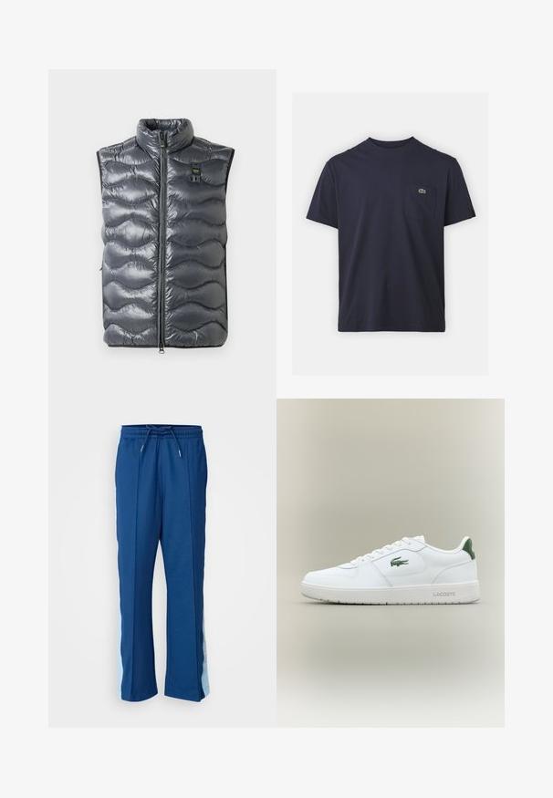 Halli puffer vest kõrge kaelusega, millel on lukuga sulgemine ja lainemustriga tekstuur. Seal on väike logo luku lähedal.; Tumedat sinise värvi puuvillane t-särk ümmarguse kaelusega ja lühikeste varrukatega. Vasakul rinnataskul on väike roheline logo. Pehme tekstuur.; Tumedat sinised sportlikud püksid pehmest kangast, millel on nööriga vöökoht ja helesinised külgpaneelid, millel on tagasihoidlik muster.; Valge nahkne spordijalats sujuva viimistlusega, rohelised aktsendid kanna peal ja roheline logo küljel. Omab lamedat tallat ja ümmargust varvast.