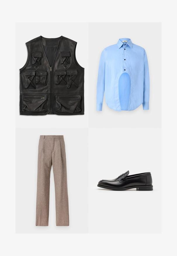 Melnas ādas veste ar vairākiem uzliekamiem un ar rāvējslēdzējiem kabatām, priekšējā rāvējslēdzēja aizdare un D-gredzenu detaļas augšējā krūtī.; Gaiši zils garām piedurknēm krekls ar punktētu apkakli, melniem pogām un unikālu izgriezumu priekšpusē, lai izceltu dizainu.; Brūni, augstos šortos izgatavoti no teksturēta auduma. Iezīmē plašas kājas un divas priekšējās krokas, kas nodrošina struktūru. Kārtīga apdare bez redzamām detaļām.; Melnas ādas kurpes ar gludu tekstūru, noapaļu purngalu un dekoratīvu siksniņu pāri priekšpusei. Zems sakrauts papēdis, minimālisma dizains.