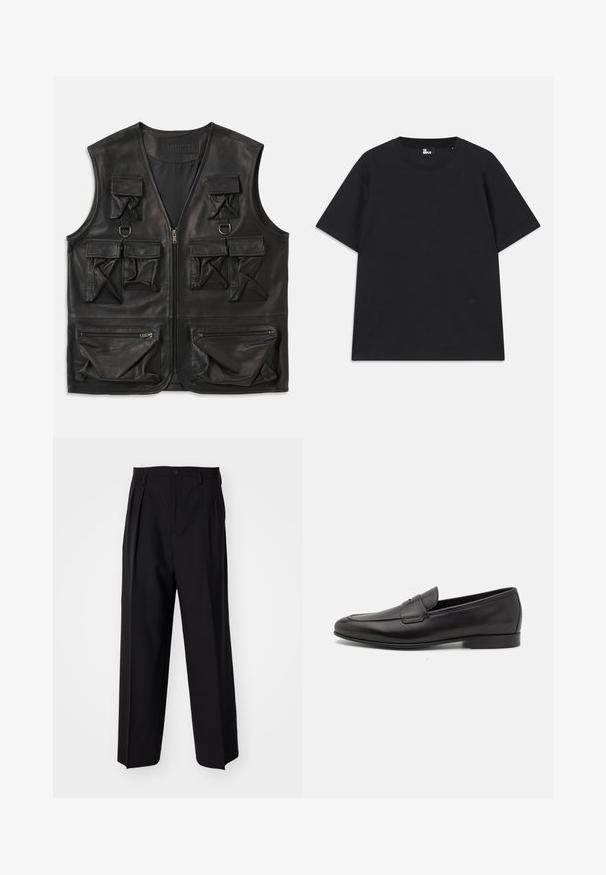 Czarna skórzana kamizelka z wieloma kieszeniami na klapki i zamków błyskawicznych, z przodu na zamek błyskawiczny oraz detalami w kształcie D na górnej części klatki piersiowej.; Czarna koszulka z krótkim rękawem wykonana z bawełny, z okrągłym dekoltem i małym detalem logo blisko dolnej krawędzi. Gładka faktura, standardowy krój.; Czarne plisowane spodnie o prostym, szerokim kroju nogawek. Wykonane z gładkiego materiału, z zapięciem na guzik i pętelkami na pasek.; Czarne skórzane męskie loafersy z niskim obcasem i klasycznym paskiem penny, przedstawione w profilu bocznym na białym tle.
