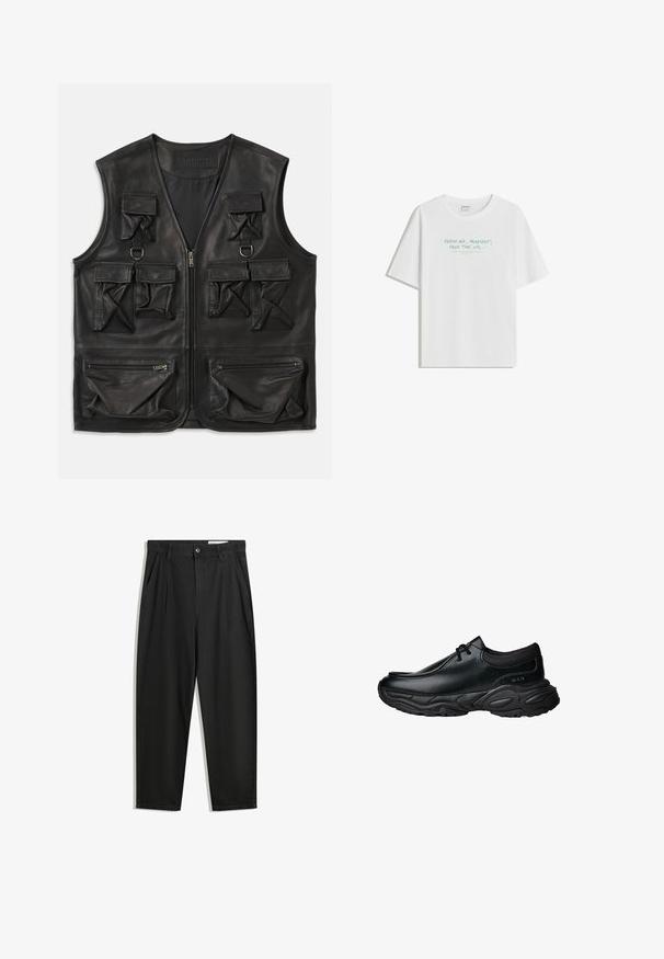 Svart läderväst med flera fickor med klaff och dragkedja, framdragkedjestängning och D-ringdetaljer på övre bröstet.; Vit bomull t-shirt med avslappnad passform, rund hals och ljusgrön text: "FRISK LUFT, SPELLISTA, FRITID, etc..." på framsidan.; Svarta bomullsshorts med avslappnad passform, med en klassisk midja, framveck och sidfickor. Slät textur utan mönster.; Svarta läder slip-on skor med rund tå och tjock strukturerad gummisula. Har subtila sömmar och elastiska detaljer vid kragen.