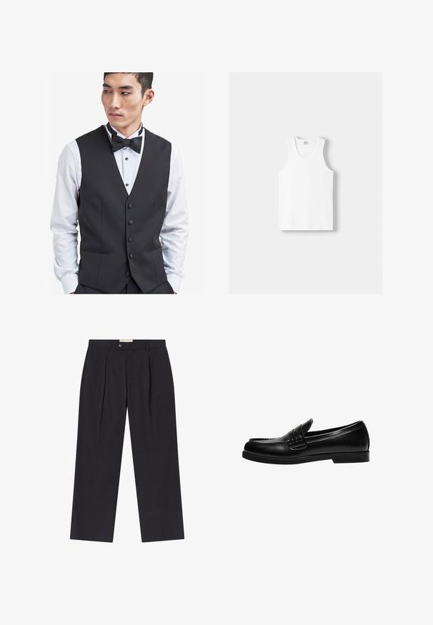Gilet noir avec cinq boutons, ajustement sur mesure, porté sur une chemise blanche avec un nœud papillon noir. Fabriqué en tissu lisse et doté de deux poches avant.; Débardeur en coton blanc avec un col rond, de larges bretelles et un ourlet droit, présentant une texture lisse et sans motifs visibles.; Pantalons noirs marins ajustés à taille haute, avec deux plis à l'avant, fermeture par bouton et jambes droites en tissu lisse.; Mocassin en cuir noir avec une finition lisse, featuring un détail de couture sur le devant et une semelle en caoutchouc noir solide et basse.