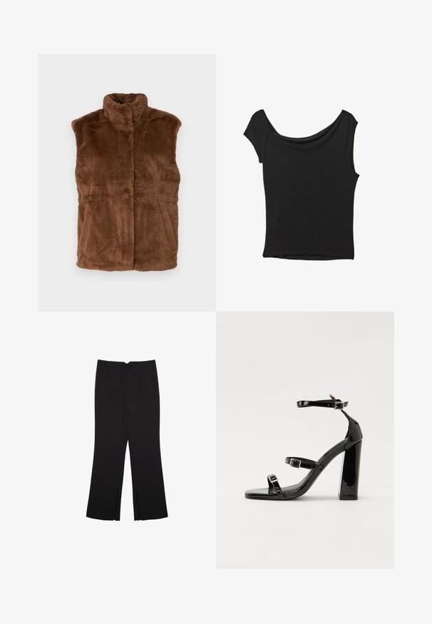 Smeđi lažni krzneni prsluk s visokim ovratnikom, bez rukava i mekom teksturom. Ima ravni kroj s suptilnim detaljima šava.; Crna majica kratkih rukava od glatkog materijala; ima drapirani izrez i asimetrični donji rub, uz prilagođeni kroj tijela.; Crne hlače ravnog kroja, s prednjim džepovima i bočnim prorezima na rubu. Izrađene od mekog i glatkog materijala. Pogodne za razne prigode.; Crne lakirane sandale na pete sa kvadratnim nosom, trakama oko gležnja i srebrnim kopčama. Imaju čvrst blok petu za stabilnost.