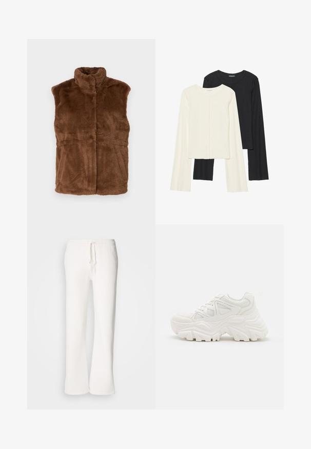 Bruine nepbont gilet met een hoge kraag, mouwloos ontwerp en een zachte textuur. Heeft een rechte snit met een subtiele naaddetail.; Set van twee longsleeve tops in wit en zwart. Geribbelde textuur, ronde hals, aansluitend ontwerp met licht uitlopende mouwen.; Witte, relaxed-fit joggingbroek van zachte stof, met een elastische tailleband en een trekkoord, en een rechte pijp.; Witte chunky sneakers met een textuur bovenwerk, meshpanelen en dikke rubberen zolen met een uitgesproken profiel. Inclusief veters en een aantreklip.