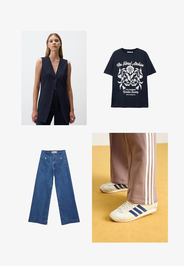 Marinefarbener ärmelloser Weste mit tiefem V-Ausschnitt, einer einzigen Knopfleiste, taillierter Form und glattem Stoff. Einfaches und modernes Design.; Marineblaues T-Shirt mit kurzen Ärmeln und weißem Blumenmotiv sowie Texten wie "Das Blumenarchiv", "Die Evermist Gartengesellschaft" und "Wild Flora Co."; Denim-Hosen im weiten Schnitt mit einer mittleren blauen Waschung, zwei Vordertaschen mit Knopfverschluss und genähten Details entlang der Säume.; Cremfarbene Sneaker mit blauen Wildlederstreifen, weißen Schnürsenkeln und einer Gummisohle. Kombiniert mit grauen Jogginghosen mit weißen Seitenstreifen.