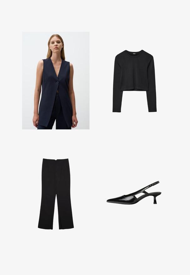 Gilet senza maniche blu navy con scollatura a V profonda, chiusura con un unico bottone, forma sagomata e tessuto liscio. Design semplice e moderno.; Top cropped nero a maniche lunghe con scollatura tonda, design semplice e orlo leggermente curvo.; Pantaloni neri a gamba dritta, con tasche frontali e spacchi laterali all'orlo. Realizzati in tessuto morbido e liscio. Adatti a diverse occasioni.; Tacchi slingback in pelle verniciata nera con punta affusolata, design con tagli laterali e tacco quadrato piccolo. Texture liscia con dettagli minimi.